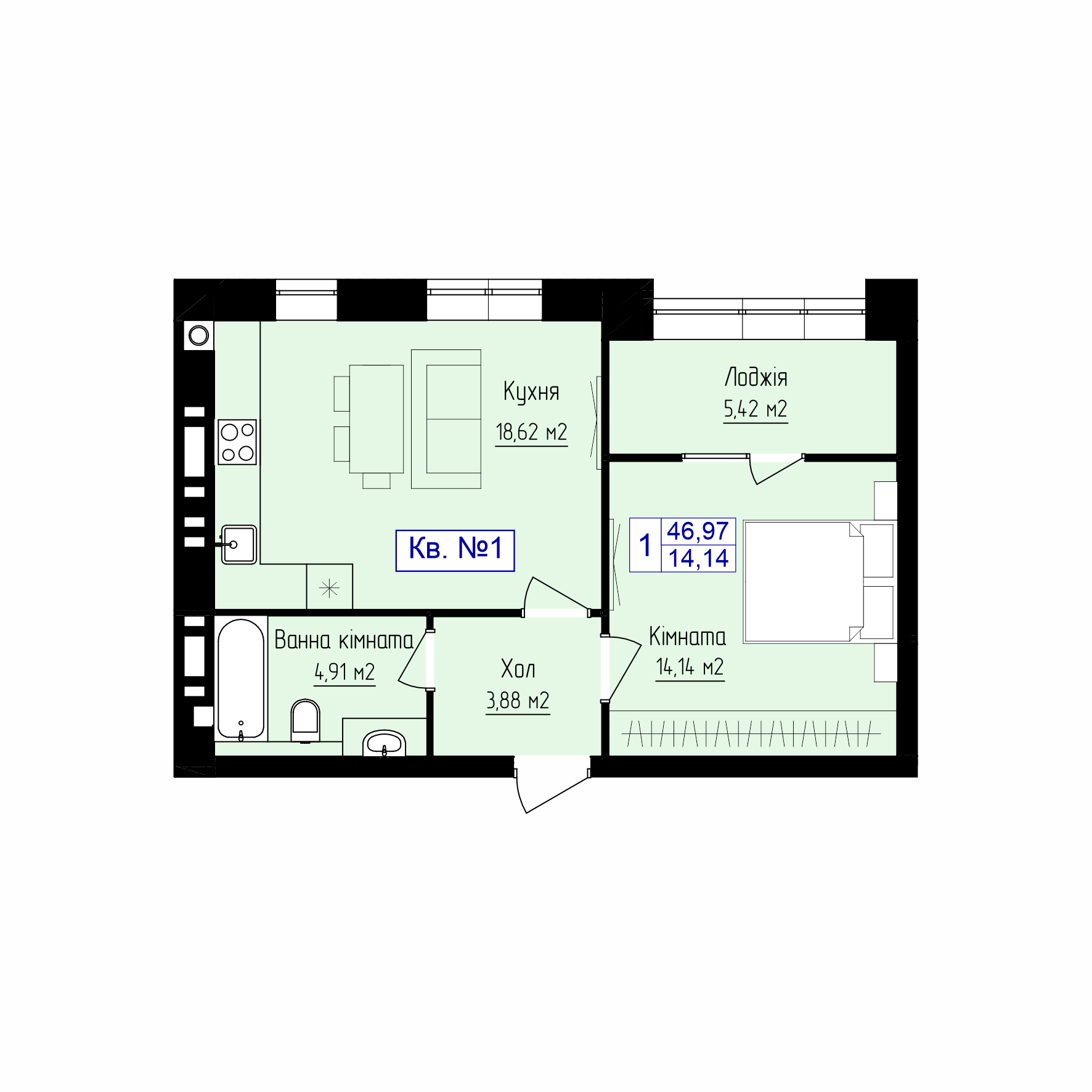 1-к квартира (46,97 м2)