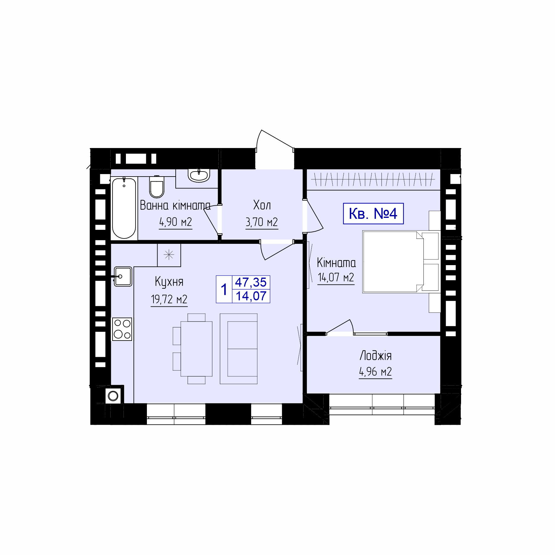 1-кімнатна квартира (47,35 м2)